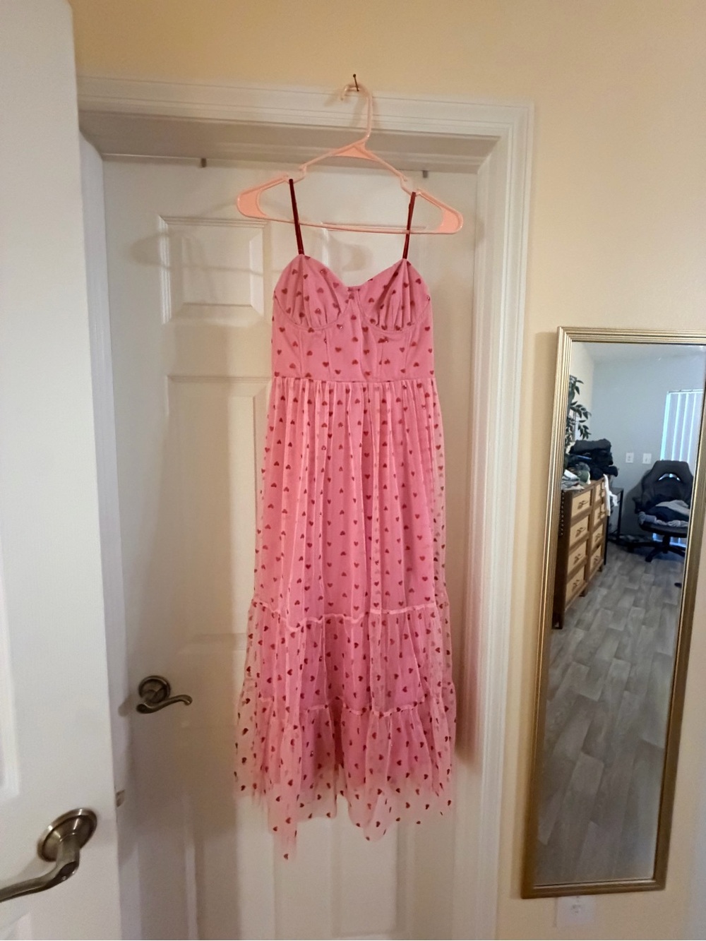 Betsey Johnson Metallic Heart Print Mesh Midi Dress - Picture 3 of 6